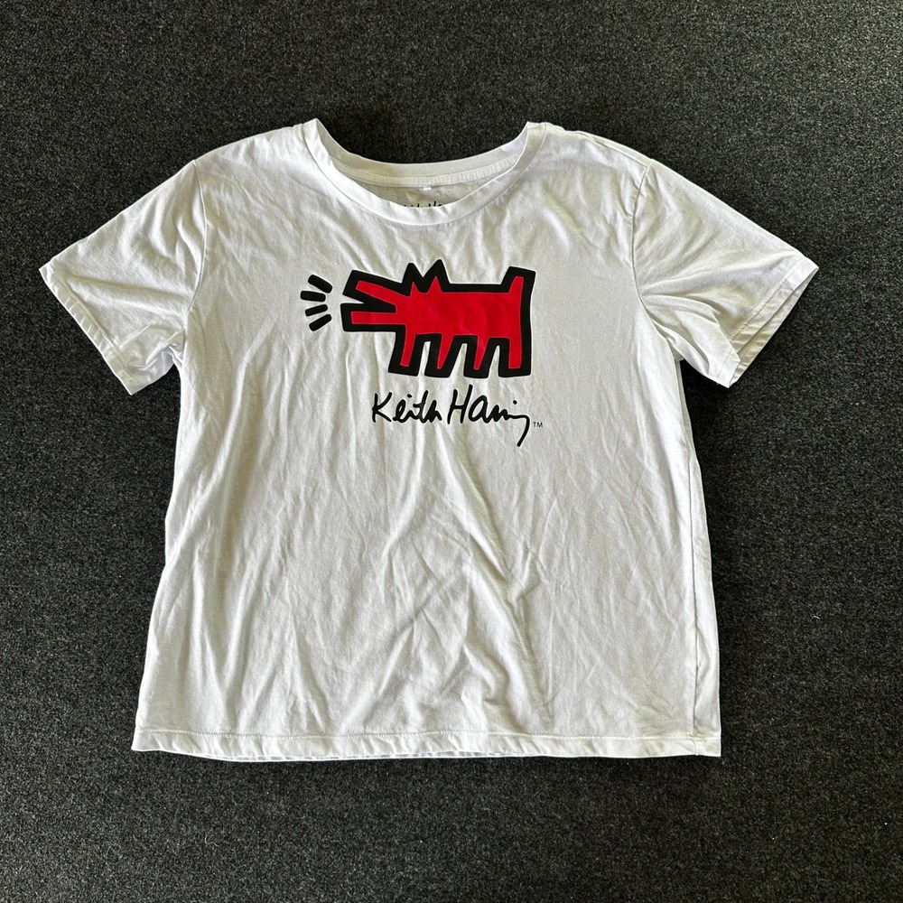 Keith Haring Barking Dog Graphic T-Shirt White Red Large Pop Art Tee